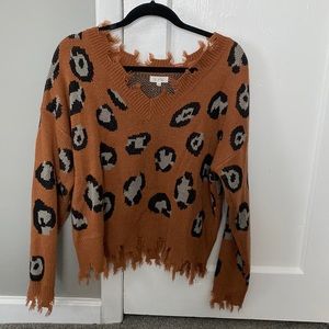 Cheetah Destroyed Fringe Hem Sweater